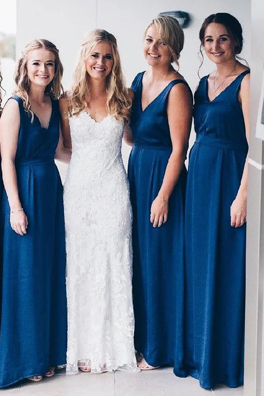 Closeout Sale Simple Navy Blue V Neck Floor Length Bridesmaid Dress