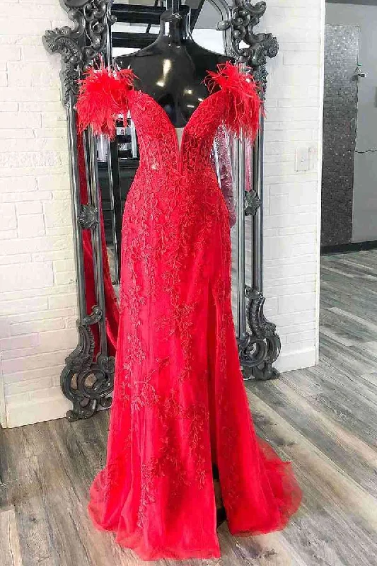 Blowout Deals Plunging V-Neck Red Feather Shoulder Long Prom Dress