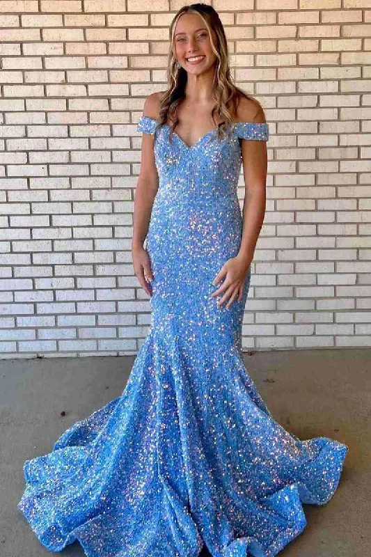 The Best Prices Mermaid Off-the-Shoulder Light Blue Sequins Long Prom Dress