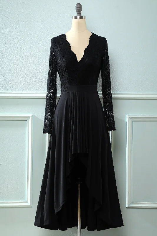 Special Price Black Lace Long Sleeves V Neck Hi-Low Mother of the Bride Dress