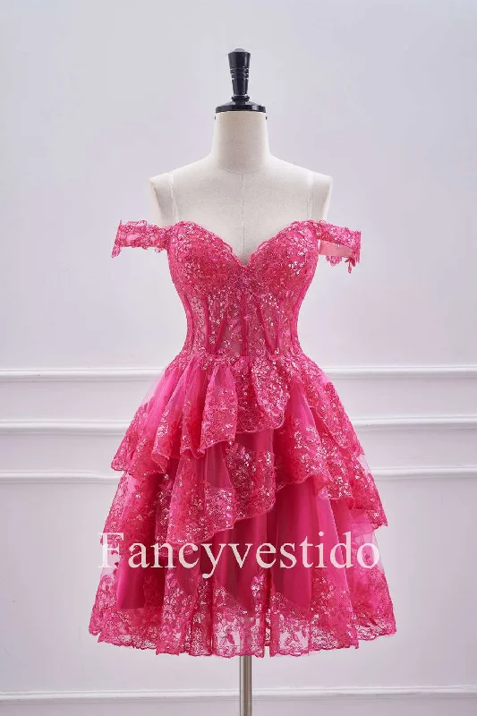 The Best Prices Off the Shoulder Fuchsia Corset Tiered A-Line Short Homecoming Dress