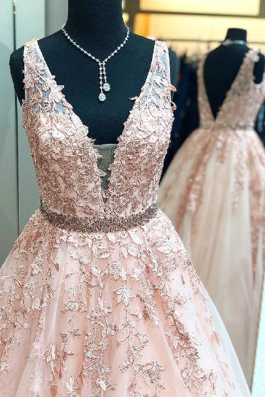 Online Only Floor Length Blush Pink Prom Dress with Lace Appliques