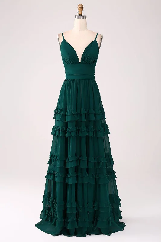 Today's Special Plunging Neck Hunter Green A-Line Ruffle Maxi Dress