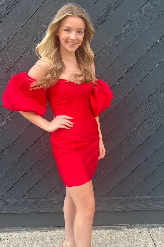 Time-Limited Offer Strapless Red Satin Short Homecoming Dress with Balloon Sleeves