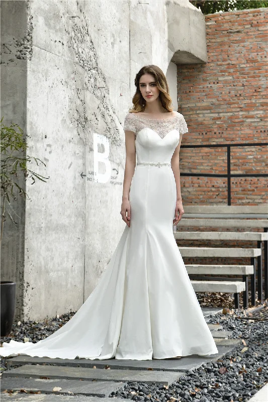 Midnight Madness Princess Short Sleeves Mermaid Ivory Wedding Dress