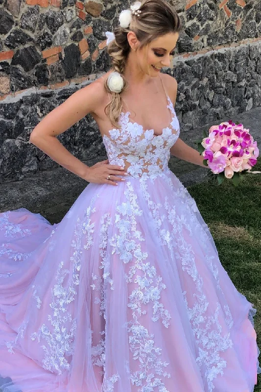 Clearance Event Princess A-line Spaghetti Strap Pink Wedding Dress with Lace