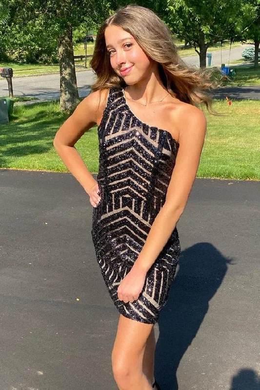 Final Sale Stunning One Shoulder Black Sequins Homecoming Dress