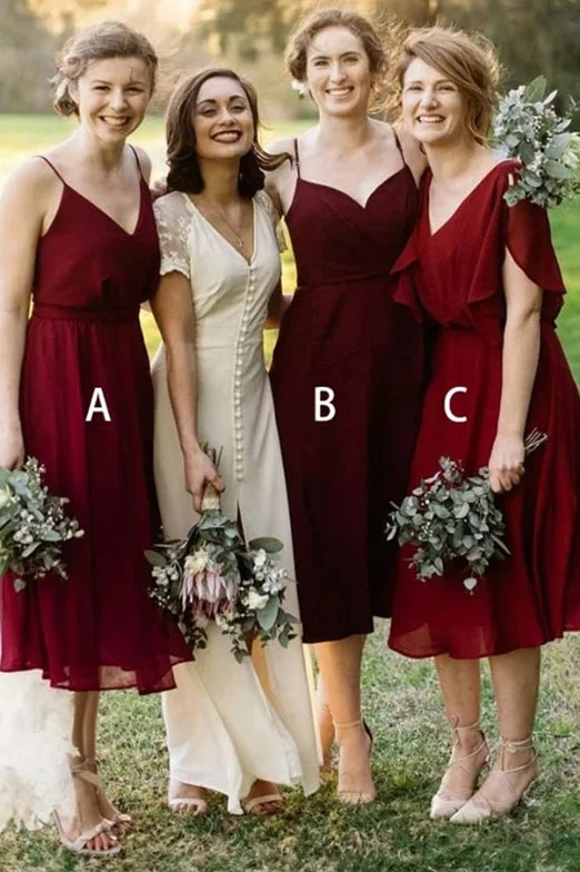 Today Only A-line Mismatch Tea-Length Burgundy Bridesmaid Dress