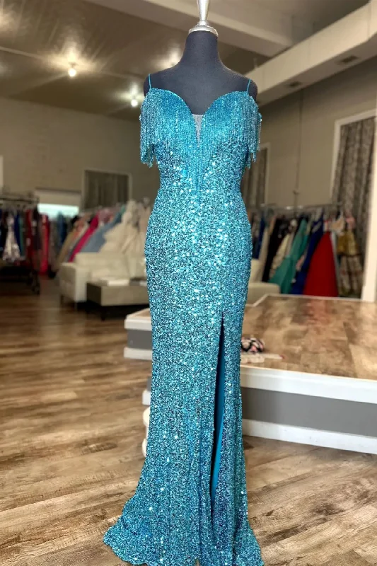 Shop and Save Ink Blue Sequins Tassels Cold Shouolder Long Prom Dress with Slit