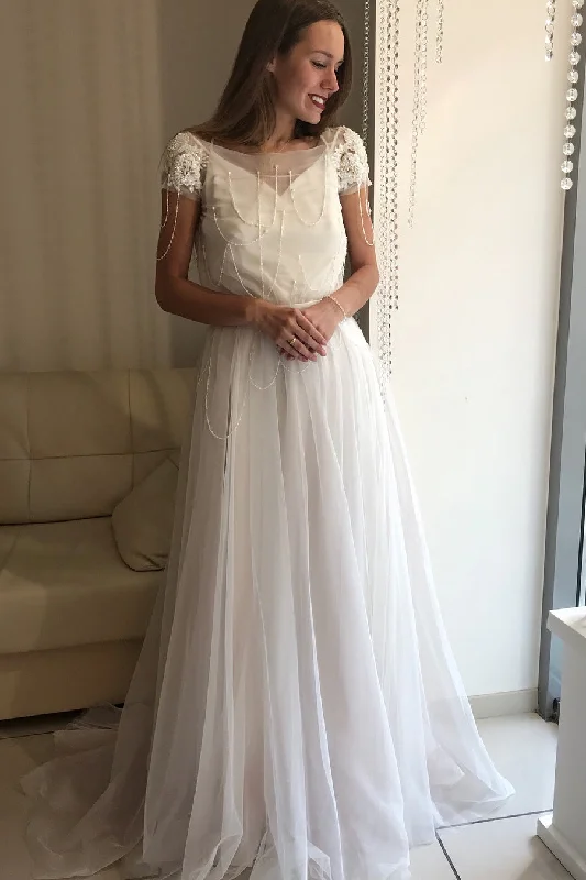 Hot Deal Princess Short Sleeves A-line White Wedding Dress with Lace Top