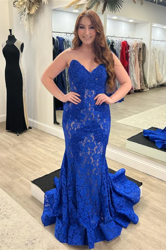 Price Reduction Royal Blue Lace Strapless Beaded Mermaid Long Prom Dress