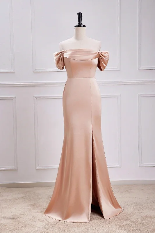 Final Markdown Mermaid Champagne Off the Shoulder Satin Bridesmaid Dress