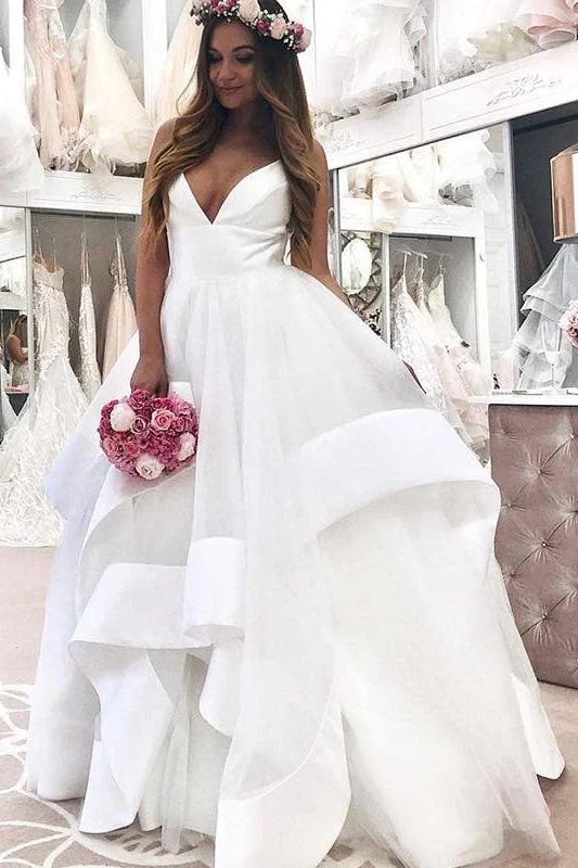 Epic Deals Long V-Neck A-line Straps White Wedding Dress with Ruffles