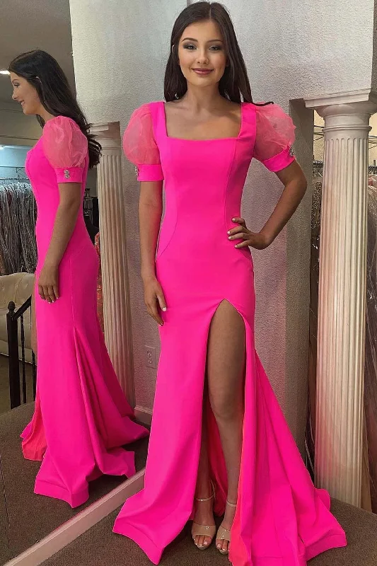 Exclusive Offers Hot Pink Square Neck Mermaid Long Prom Dress with Short Sleeves