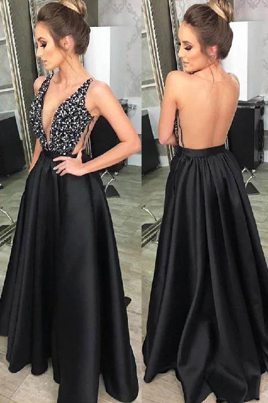 Super Sale Sexy V-Neck Beaded Black Long Prom Dress with Open Back