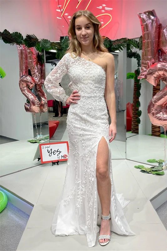 Lowest Price White One Shoulder Long Sleeve Appliques Long Prom Dress with Slit