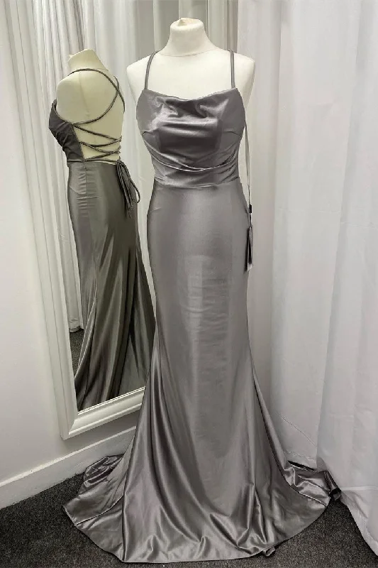 Deal of the Week Criss Cross Back Grey Satin Long Prom Dress
