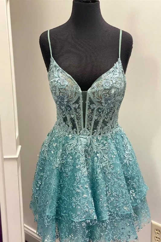 Mega Sale Tiffany Blue Plunging V Neck Straps Multi-Layers Appliques Homecoming Dress