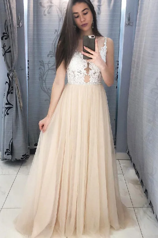 Warehouse Sale Elegant Champagne Long Prom Dress with Lace Appliques