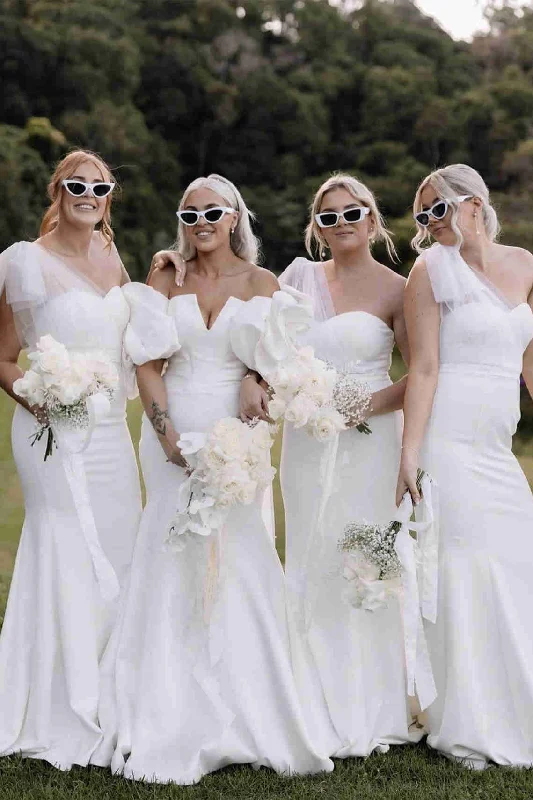 YEAR-End Clearance Tie Shoulder White Satin Mermaid Long Bridesmaid Dress