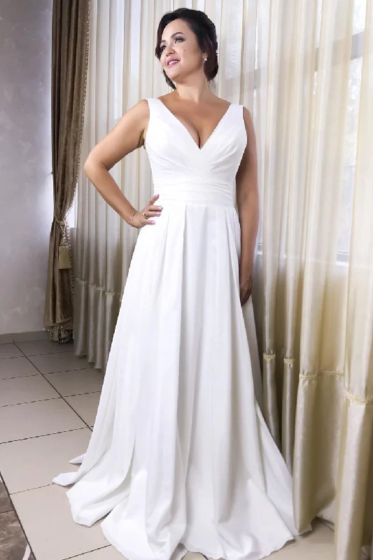 Inventory Reduction Long Simple V-Neck Empire White Wedding Dress