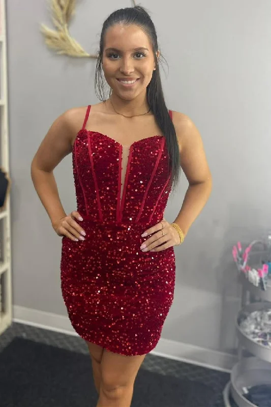 Deal of the Week Fitted Red Sequins Short Homecoming Dress with Straps