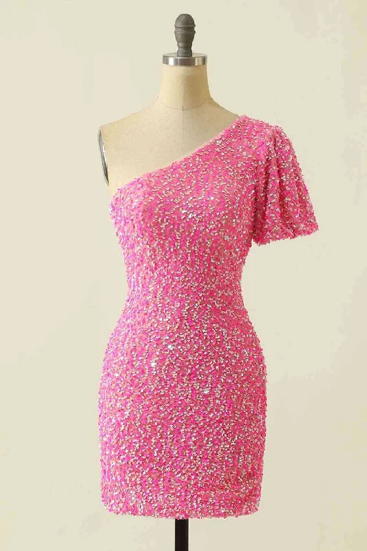 Act Fast Short Sleeve One Shoulder Pink Mini Homecoming Dress
