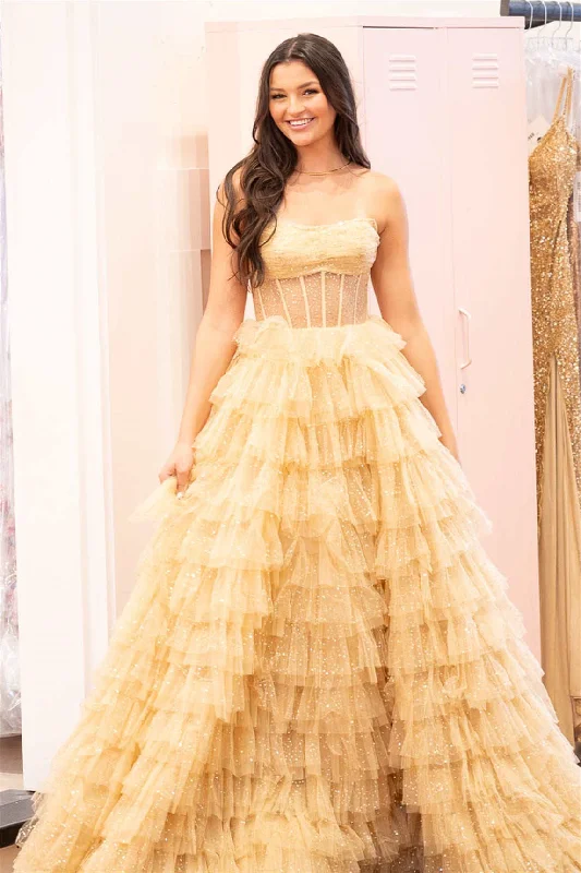 Huge Discounts Strapless Gold Layered Tulle Long Formal Dress with Sequins