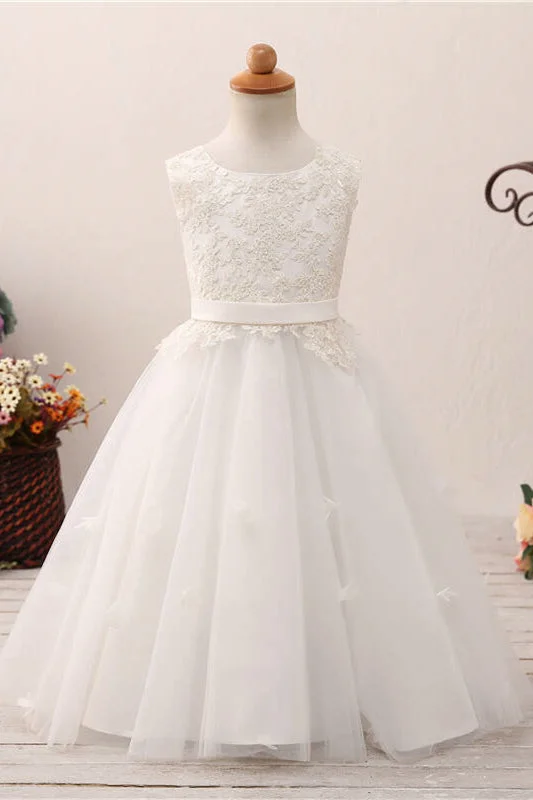 Special Price Lace Applique Lace-Up Back White Flower Girl Dress with Ribbon