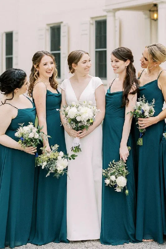 Early Access Simple Cowl Neck Teal Long Bridesmaid Dress