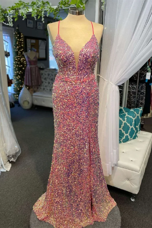 Mega Sale Straps Plunging Neck Long Sequins Prom Dress with Slit