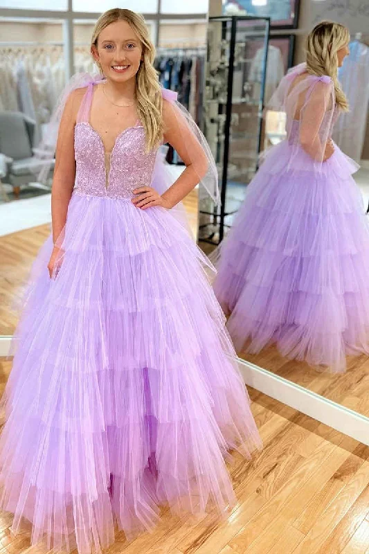 Limited Edition Tie Straps Illusion Crew Neck Lavender Ruffle Prom Dress