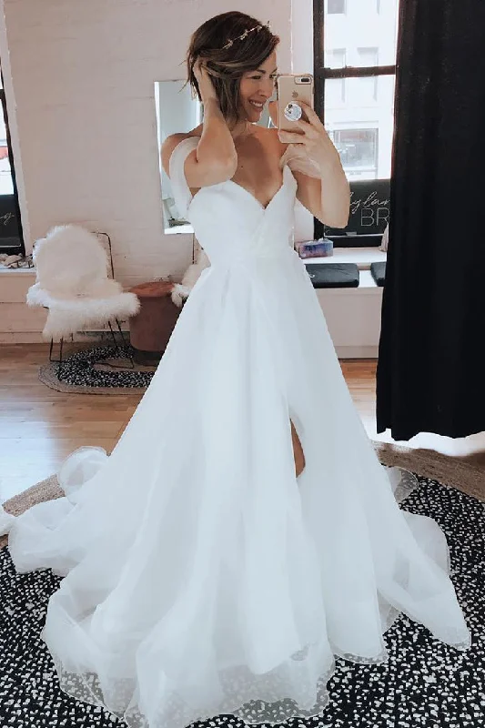 Clearance Event Long A-line Off the Shoulder White Wedding Dress with Split