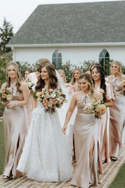 Daily Deals Champagne Halter Slit Long Bridesmaid Dress