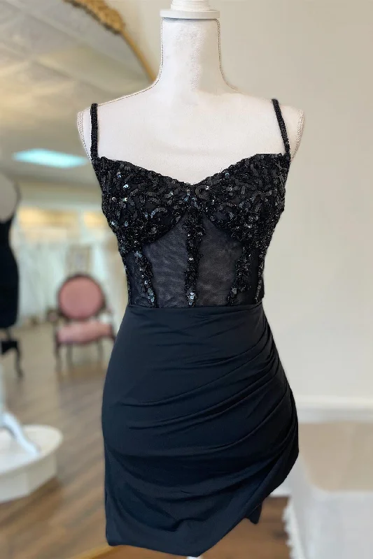 Clearance Sale Straps Black Sequins Pleated Bodycon Homecoming Dress