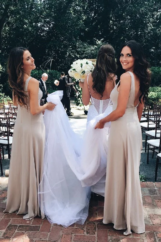 New Markdowns A-line Floor Length V-Neck Beige Chiffon Bridesmaid Dress