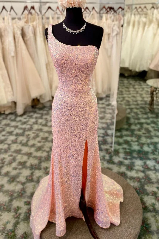 Big Savings One Shoulder Pink High Slit Long Prom Dress