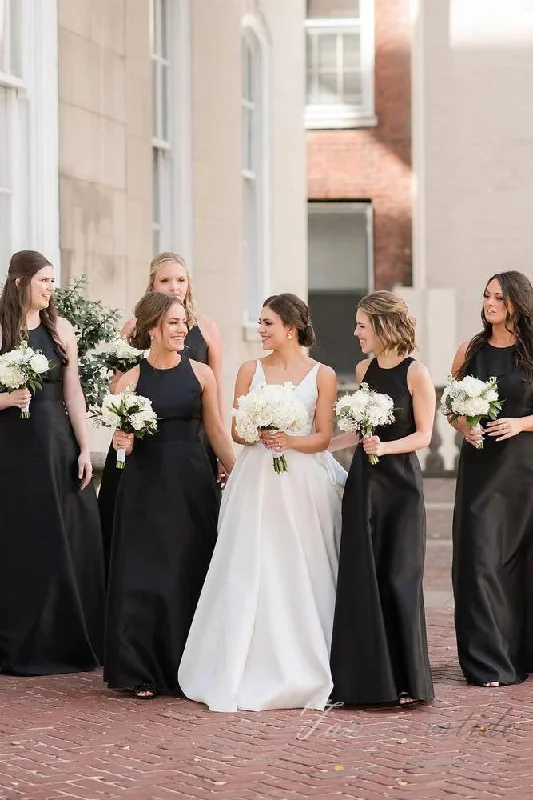 Limited Availability Crew Neck Black Satin A-Line Bridesmaid Dress