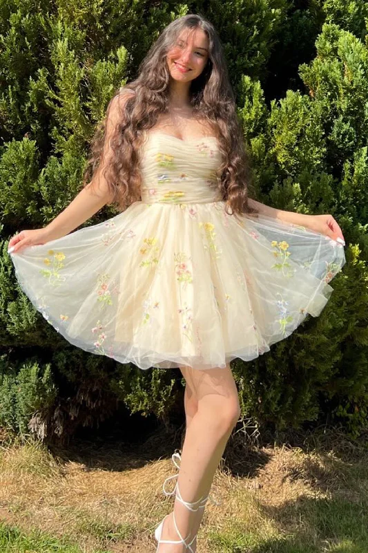 Super Sale Princess Yellow Embroidery Pleated Tulle Short Party Dress
