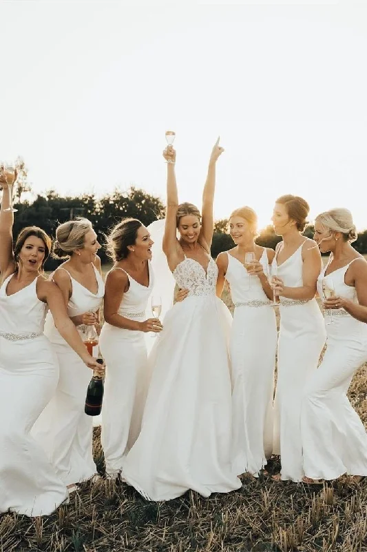 Reduced Prices White Straps V-Neck Beaded Belt Mermaid Bridesmaid Dress