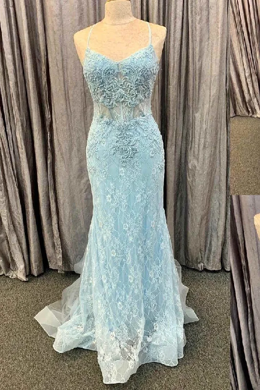 Bonus Savings Spaghetti straps Light Blue Appliqued Long Prom Dress
