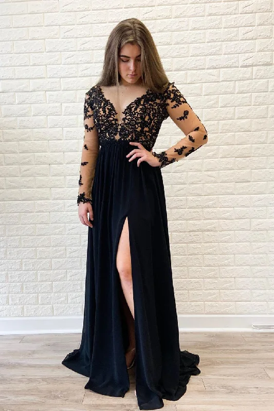 Extra Savings A-Line Long Sleeves Appliques Navy Blue Prom Dress with Slit