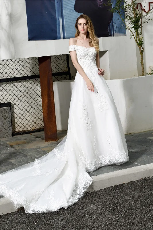 Unmissable Offer Princess Off Shoulder White Wedding Dress with Pearls