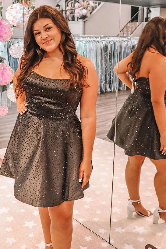 Lowest Prices A-Line Strapless Balck Short Homecoming Dress with Beads
