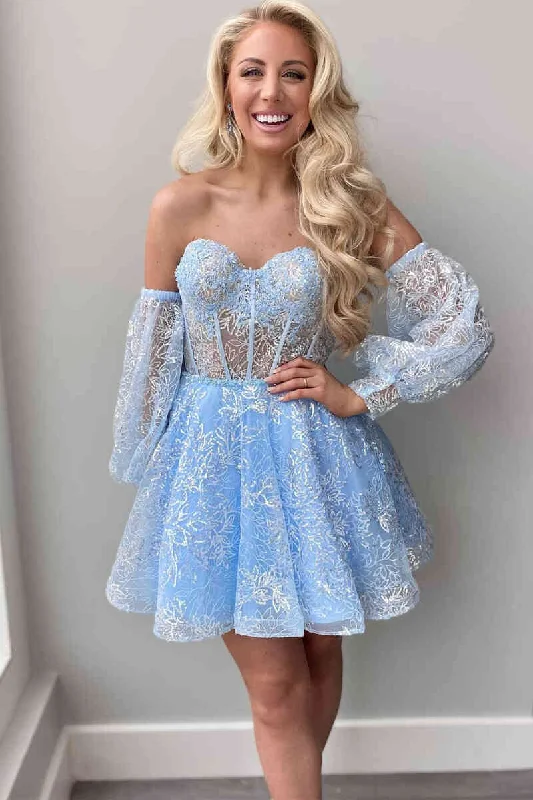 Final Clearance Sweetheart Light Blue Bustier Lace Short Homecoming Dress