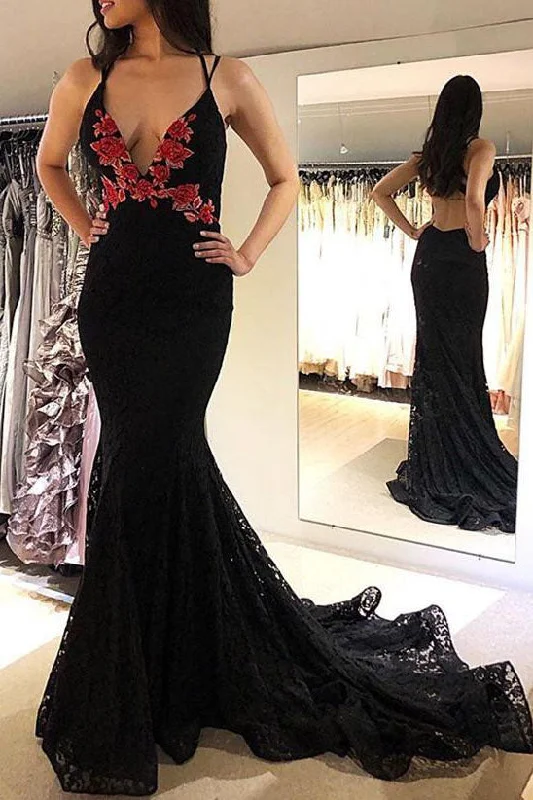 Overstock Sale Sexy Mermaid Deep V Neck Black Evening Dress with Open Back