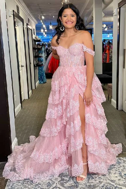 Savings Alert Off the Shoulder Light Pink Corset Tiered Long Prom Dress