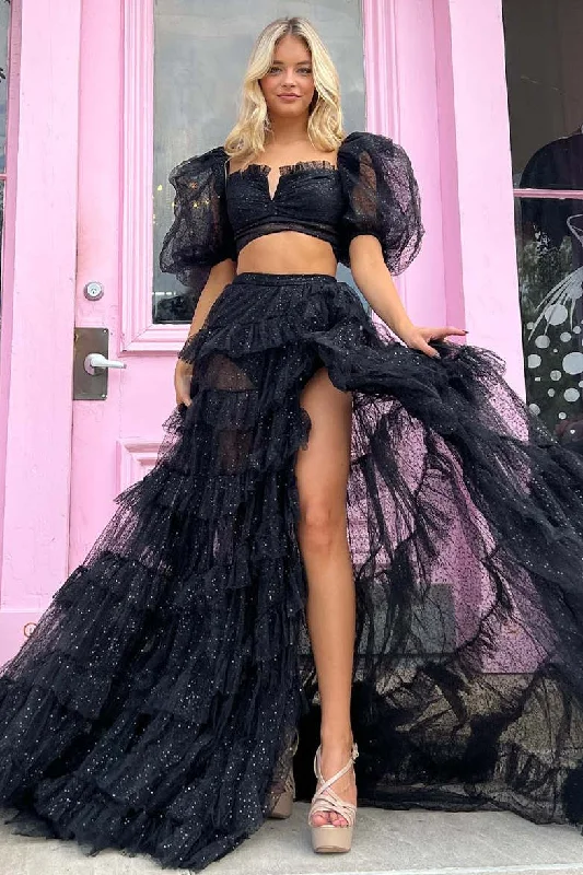 Exclusive Savings Two Piece Square Neck Black Balloon Sleeves Ruffle Prom Dress