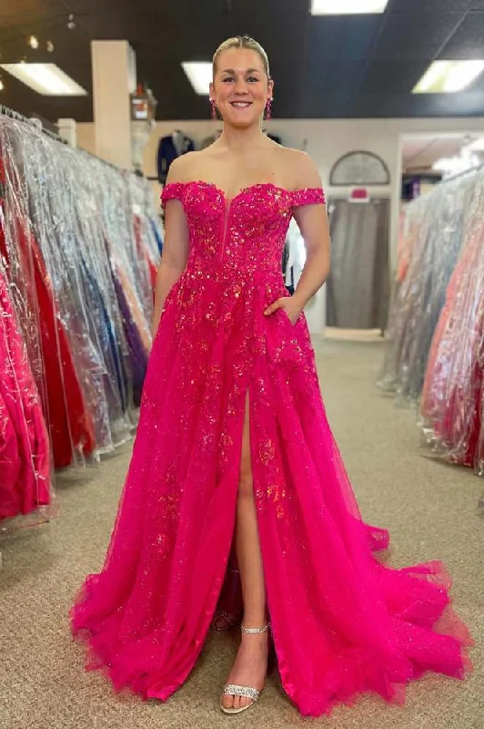 Unbeatable Prices Hot Pink Off-the-shoulder Sweep Lace Dress with Appliques