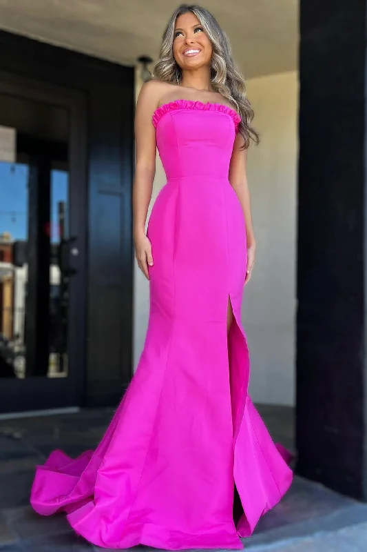 Limited Time Strapless Magenta Ruffle Mermaid Slit Long Prom Dress